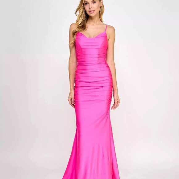 B Darlin Juniors' Shirred Gown Neon Pink - Picture 1 of 5